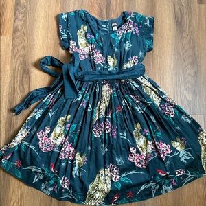 Tea Caledonian Forest Tie Sash Dress with Owls, Squirrels, Rabbits